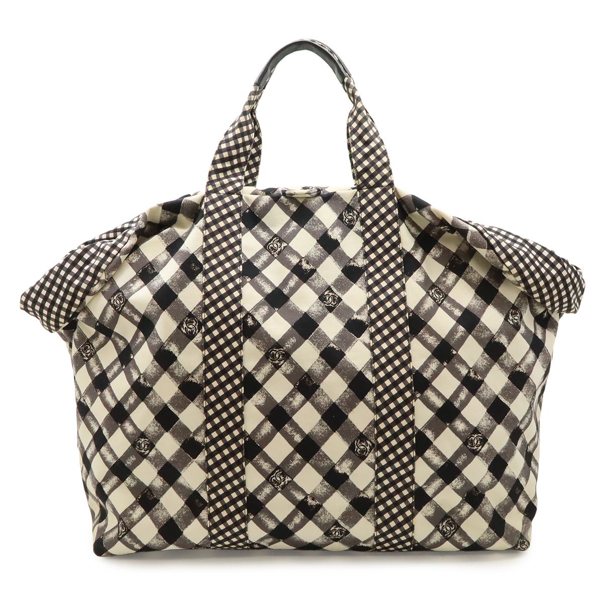 Chanel CC Logo Gingham Check Tote Big Canvas Black White Cruise Collection