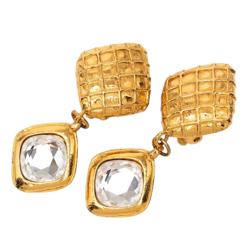 Chanel Quilted Vintage Swing Earrings Gold Plated Rhinestone