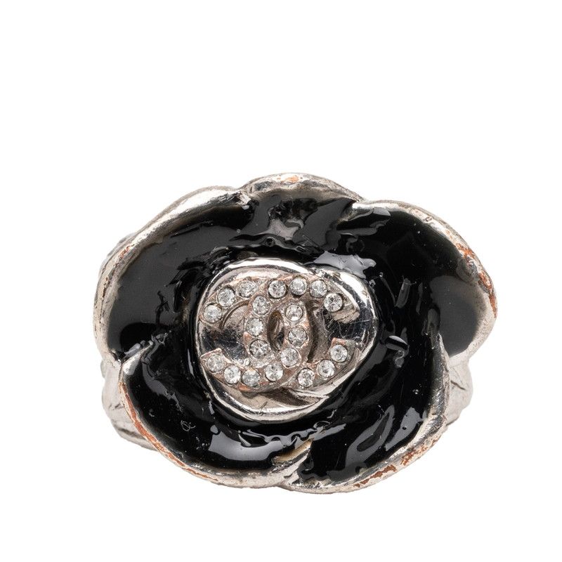 Chanel Camellia CC Logo Flower Ring Silver Black Metal Enamel Rhinestone