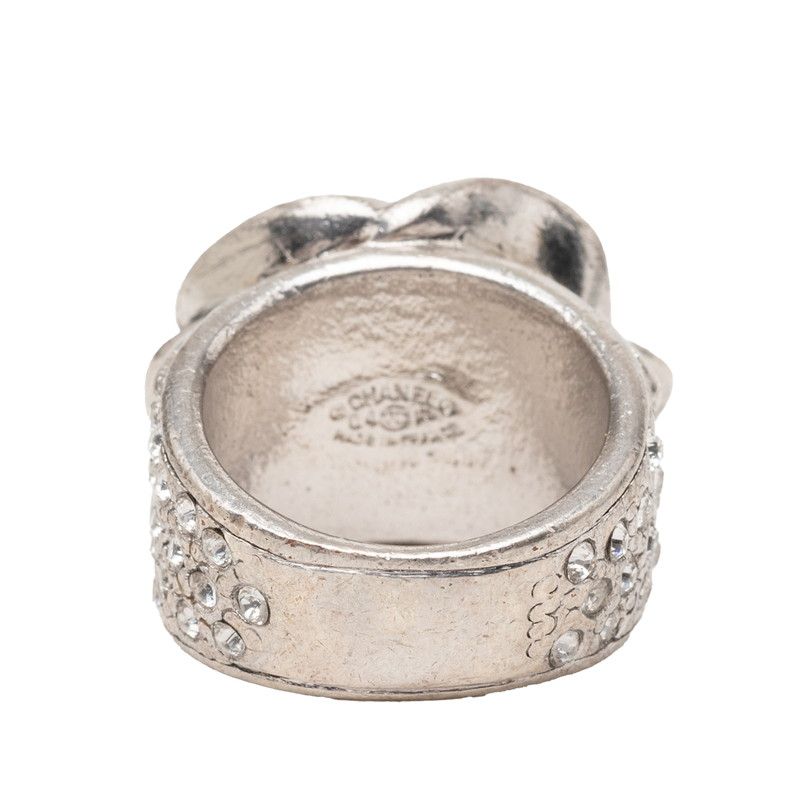 Chanel Camellia CC Logo Flower Ring Silver Black Metal Enamel Rhinestone — view 3