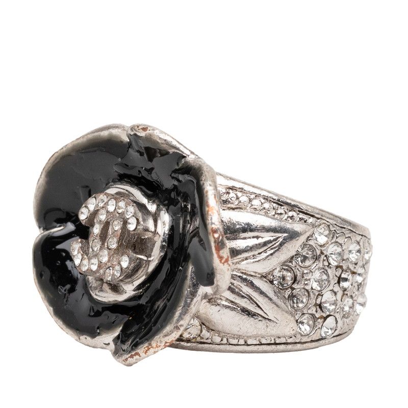 Chanel Camellia CC Logo Flower Ring Silver Black Metal Enamel Rhinestone — view 2