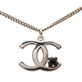 Chanel CC Logo Necklace Silver Black Metal Color Stone
