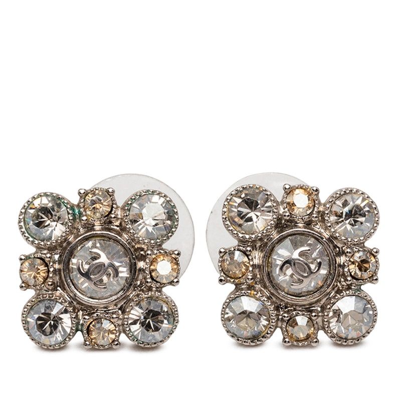 Chanel CC Logo Earrings Silver Rhinestone Plated