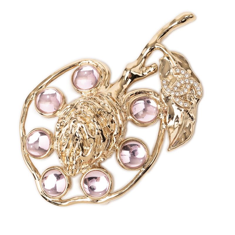 Chanel CC Logo Visual Fruit Motif Brooch Light Purple Gold Plated Rhinestone