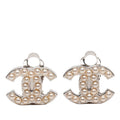 Chanel CC Logo Earrings Silver Metal Faux Pearl