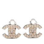 Chanel CC Logo Earrings Silver Metal Faux Pearl