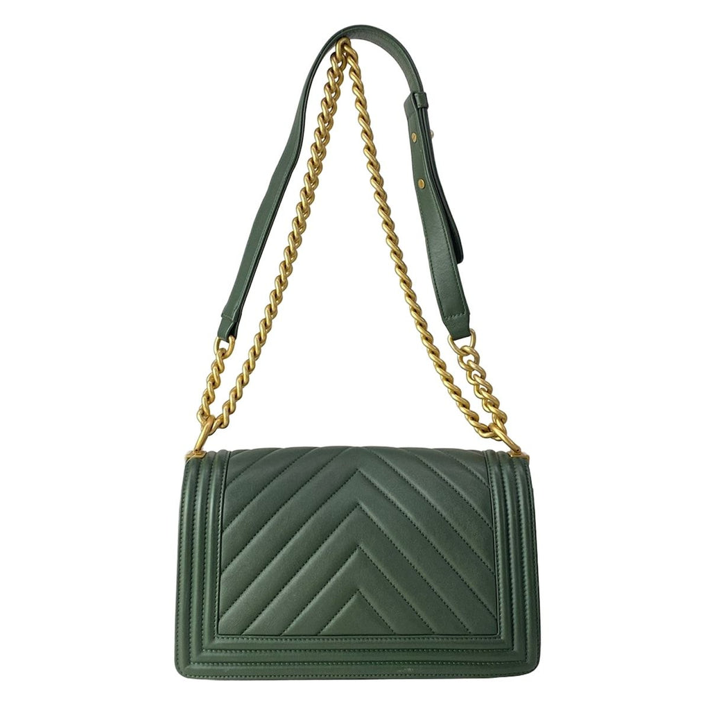 Chanel Shoulder Bag Quilted Dark Green Vintage Gold Chain Leather — view 3