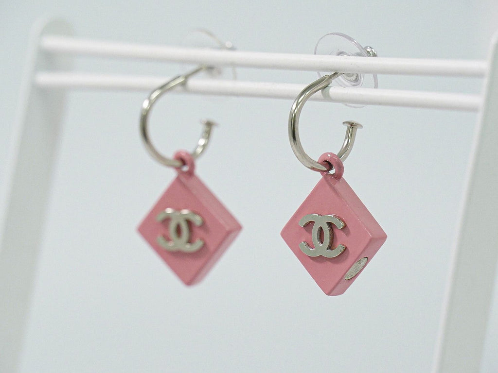 Chanel CC Logo Earrings Plastic Metal Pink Silver — view 7