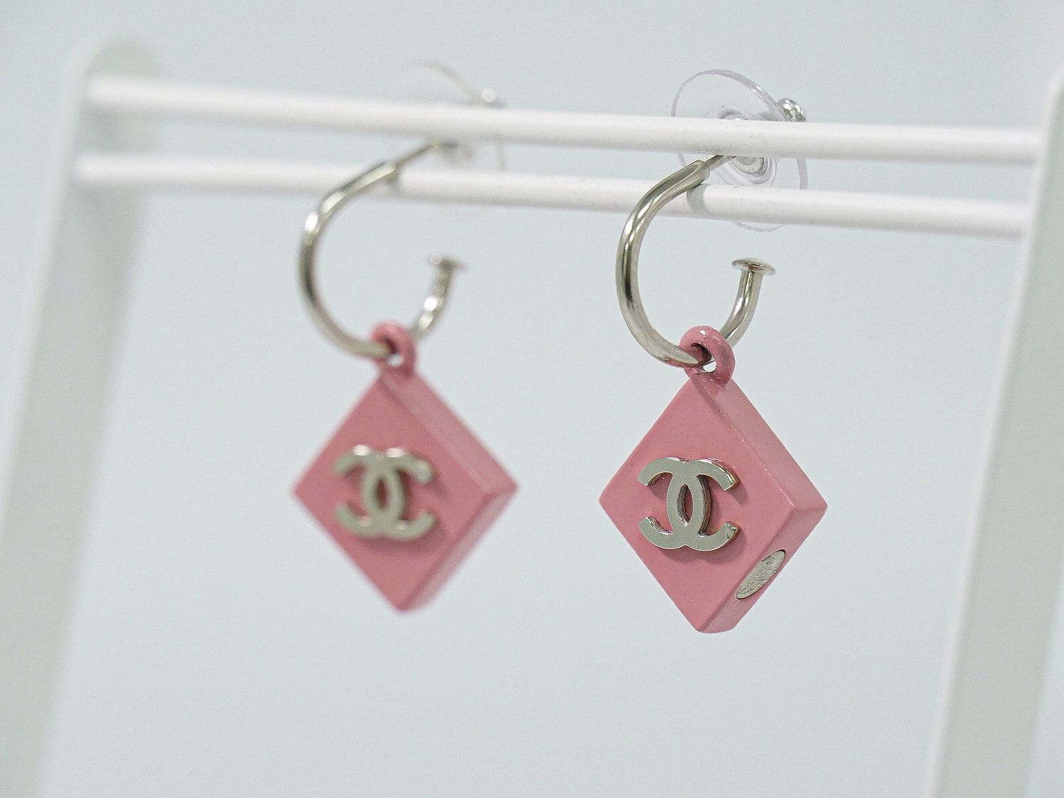 Chanel CC Logo Earrings Plastic Metal Pink Silver — view 7