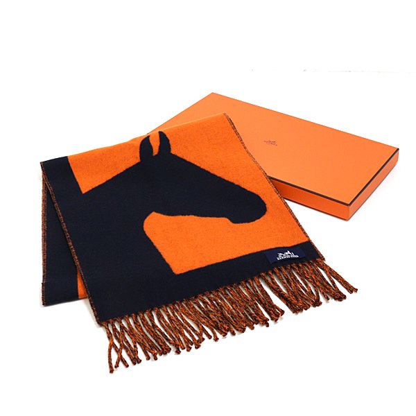 Hermes Scarf Love Story Orange Navy Cashmere Horse Jacquard Weave — view 2
