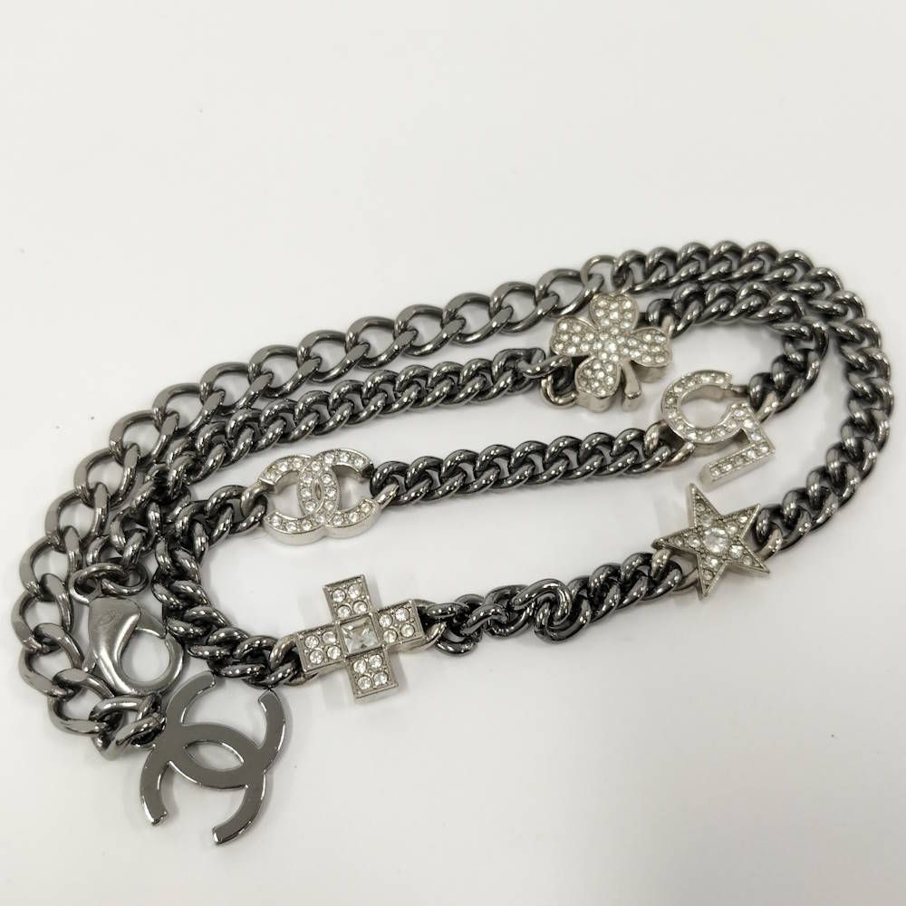 Chanel Necklace Coco Rhinestone CC Logo Plated Silver — view 3