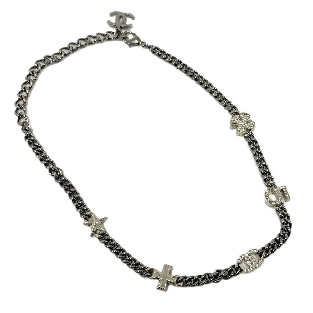 Chanel Necklace Coco Rhinestone CC Logo Plated Silver