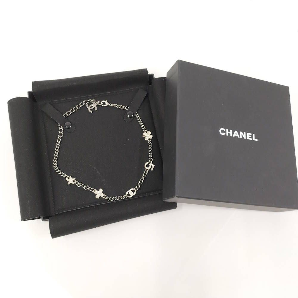 Chanel Necklace Coco Rhinestone CC Logo Plated Silver — view 9