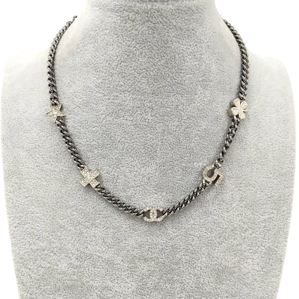 Chanel Necklace Coco Rhinestone CC Logo Plated Silver — view 8