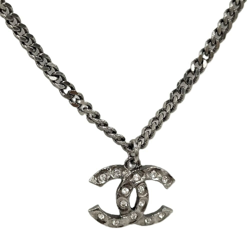 Chanel Necklace CC Logo Costume Pearl Rhinestone Silver Metal Plated