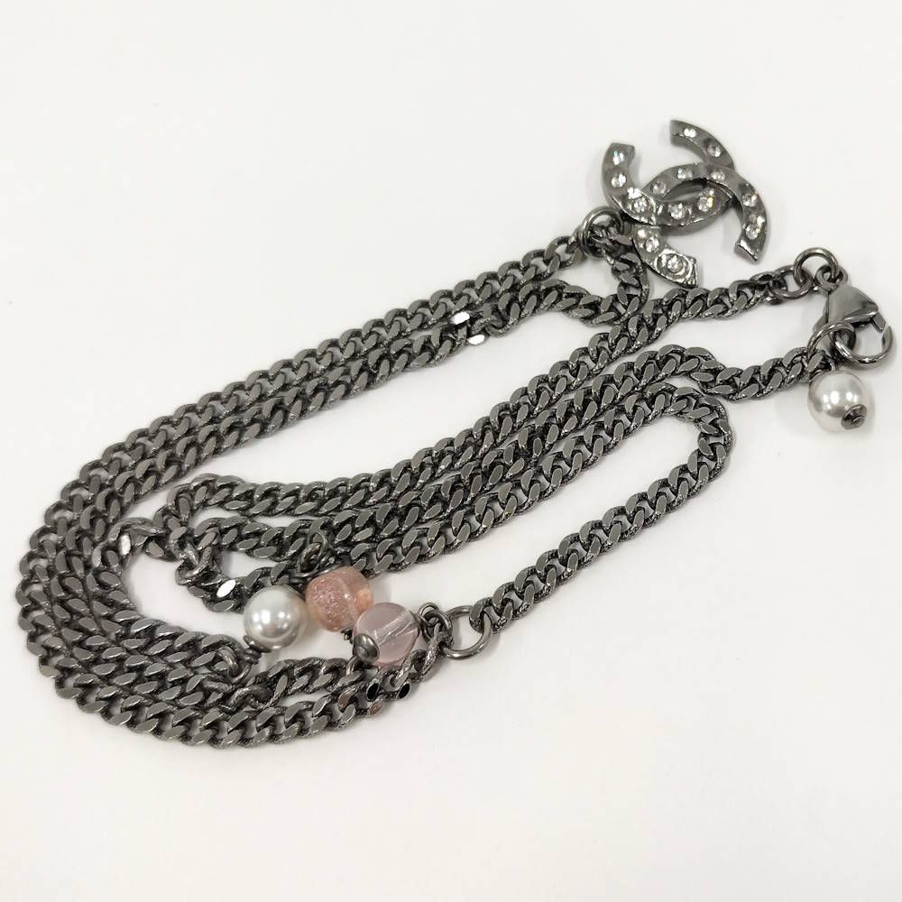 Chanel Necklace CC Logo Costume Pearl Rhinestone Silver Metal Plated — view 5