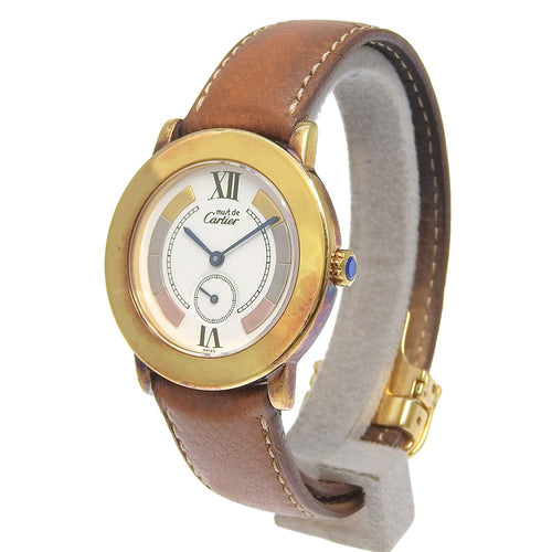 Cartier Mastrond 925 Sterling Silver Leather Gold Quartz Analog Display White — view 2