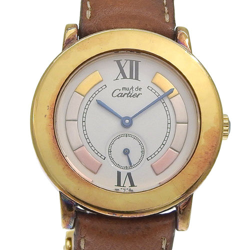 Cartier Mastrond 925 Sterling Silver Leather Gold Quartz Analog Display White