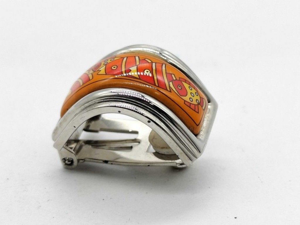 Hermes Earrings Enamel Orange Silver Metal Cloisonne — view 6