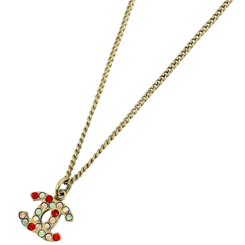 Chanel CC Logo Rhinestone Necklace Gold Plated Red