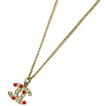 Chanel CC Logo Rhinestone Necklace Gold Plated Red