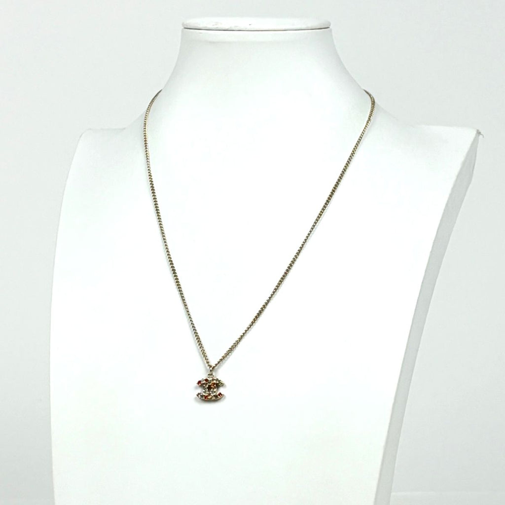 Chanel CC Logo Rhinestone Necklace Gold Plated Red — view 5