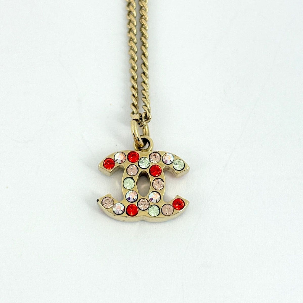 Chanel CC Logo Rhinestone Necklace Gold Plated Red — view 2