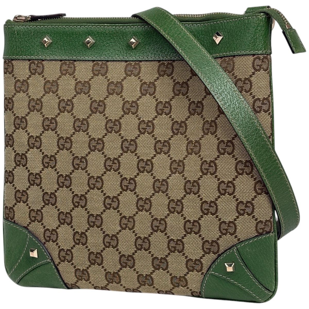 Gucci GG Pattern Shoulder Bag Studs Canvas Beige Green