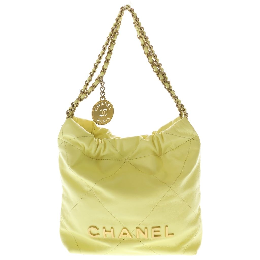 Chanel 22 Mini Shiny Calfskin Chain Shoulder Bag Yellow Gold Plate