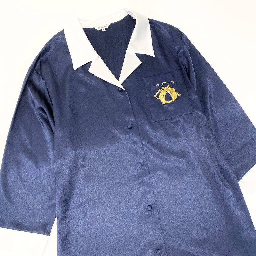 Dior Vintage Logo Embroidery Long Shirt Dress M Navy — view 4