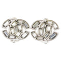Chanel CC Logo Rhinestone Bucket Earrings Silver Metal
