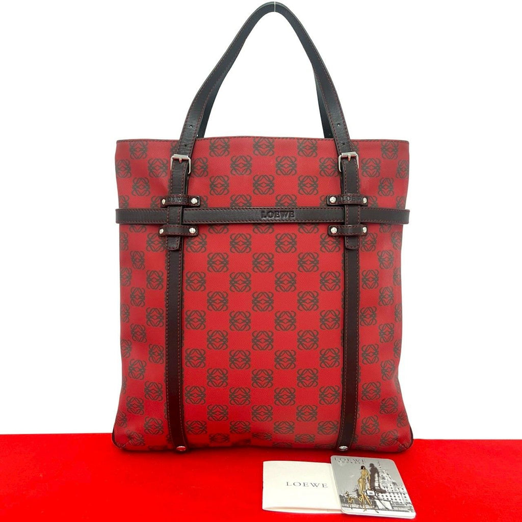 Loewe Anagram Logo All Over Pattern Leather Handbag Mini Tote Business Red Brown