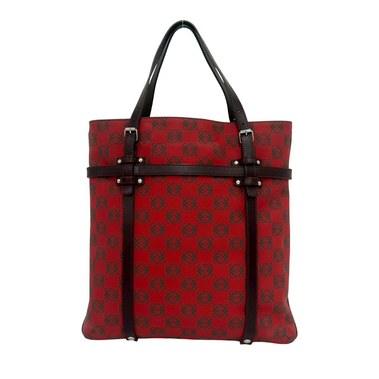 Loewe Anagram Logo All Over Pattern Leather Handbag Mini Tote Business Red Brown — view 3