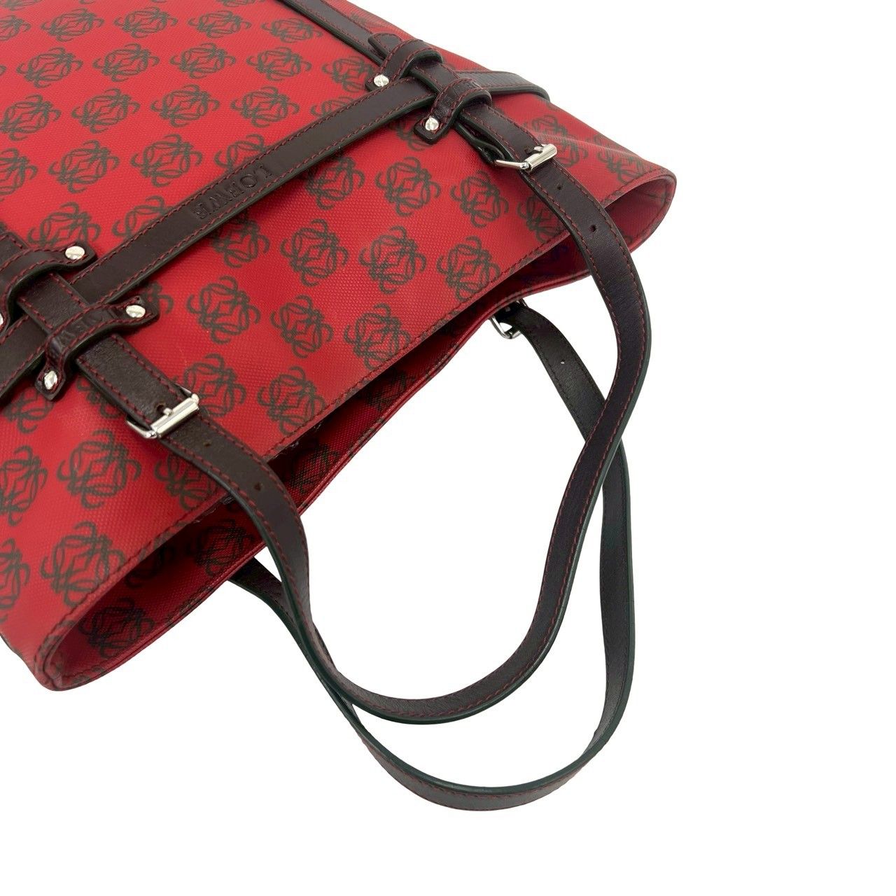 Loewe Anagram Logo All Over Pattern Leather Handbag Mini Tote Business Red Brown — view 4