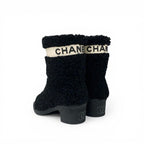 Chanel Boots Short Shoes Shearling Leather Black White CC Logo — view 4