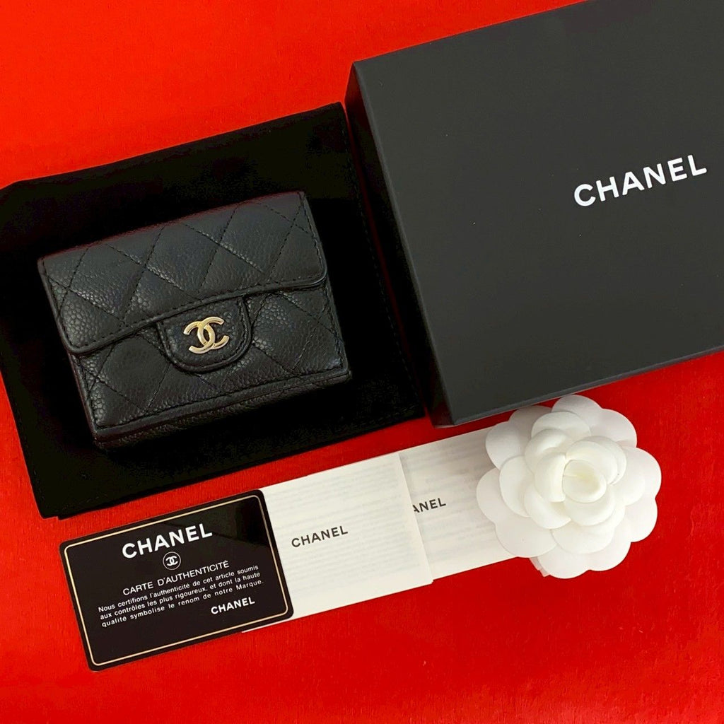 Chanel Box and Quilted CC Logo Caviar Leather Trifold Wallet Mini Black Handbag