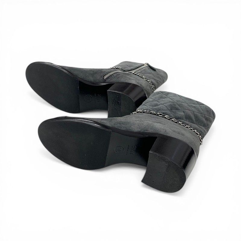 Chanel Boots Short Shoes Suede Gray Silver CC Logo Quilted Chain — view 6