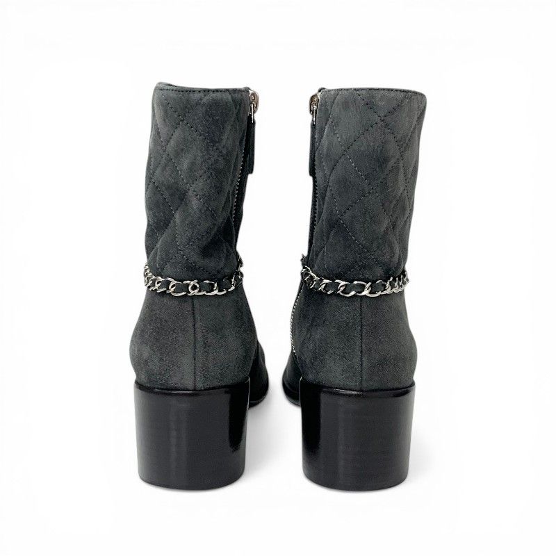 Chanel Boots Short Shoes Suede Gray Silver CC Logo Quilted Chain — view 5