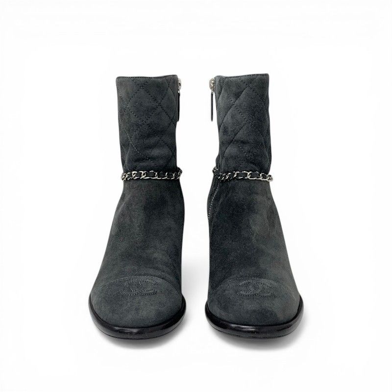 Chanel Boots Short Shoes Suede Gray Silver CC Logo Quilted Chain — view 2