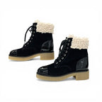 Chanel Boots Short Shoes Fabric Patent Boa Black Beige CC Logo — view 3