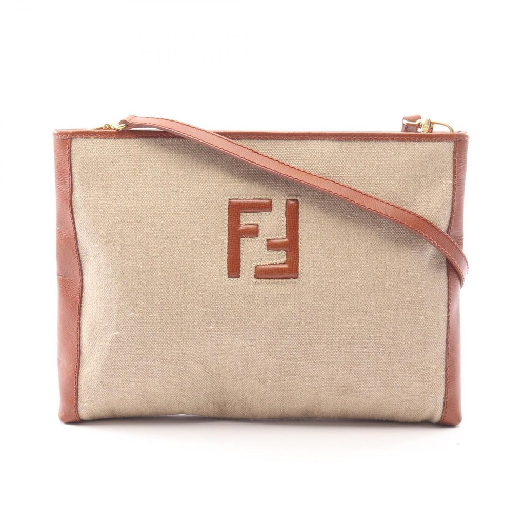 Fendi Shoulder Bag FF Logo Beige Canvas Leather