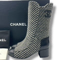 Chanel Boots CC Logo Black White Shoes Tweed Leather