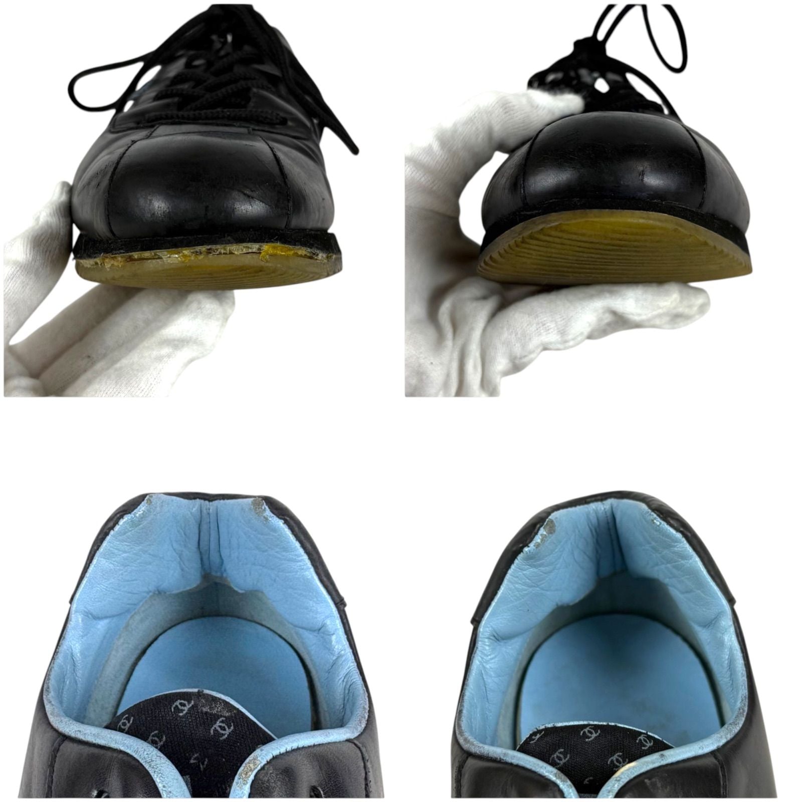 Chanel CC Logo Leather Low Cut Sneakers Black Light Blue — view 9
