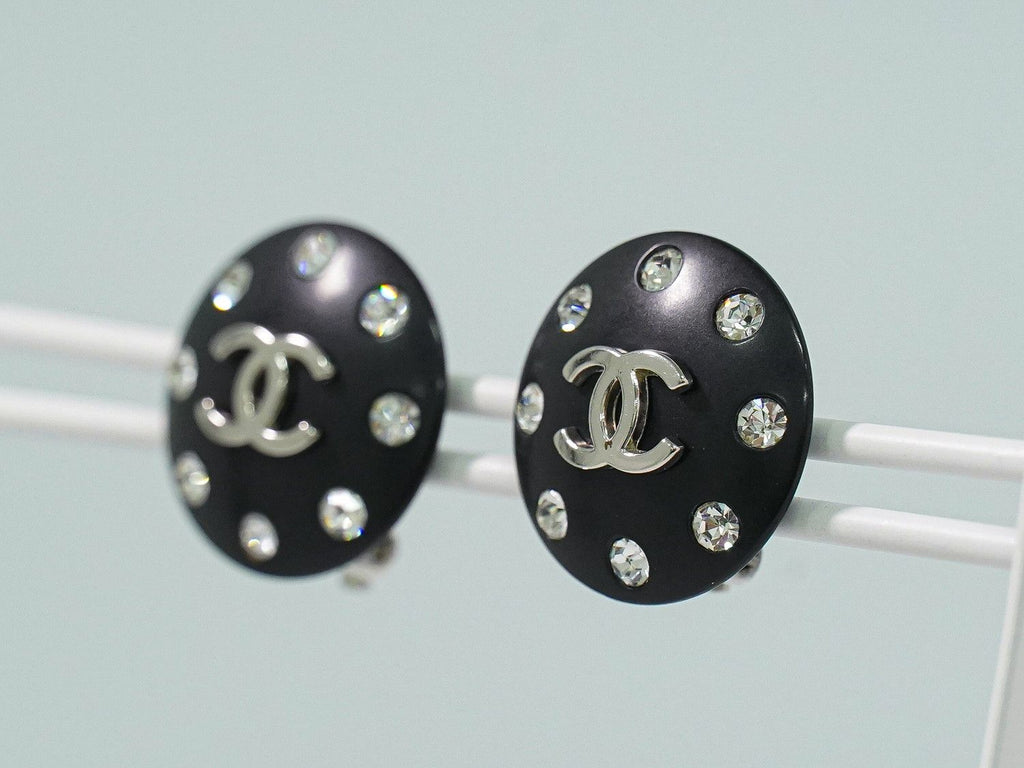 Chanel CC Logo Rhinestone Earrings Plastic Metal Silver Black — view 6