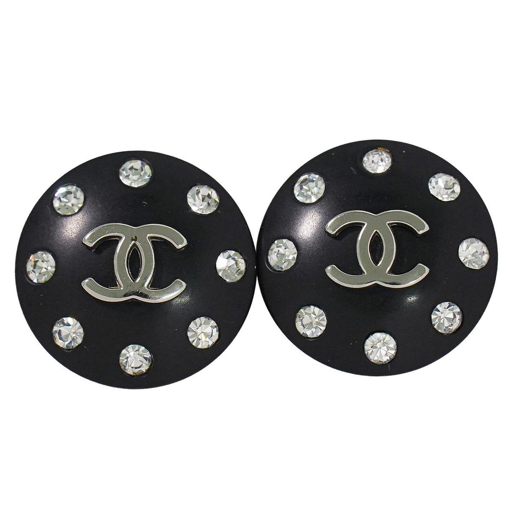 Chanel CC Logo Rhinestone Earrings Plastic Metal Silver Black
