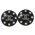 Chanel CC Logo Rhinestone Earrings Plastic Metal Silver Black