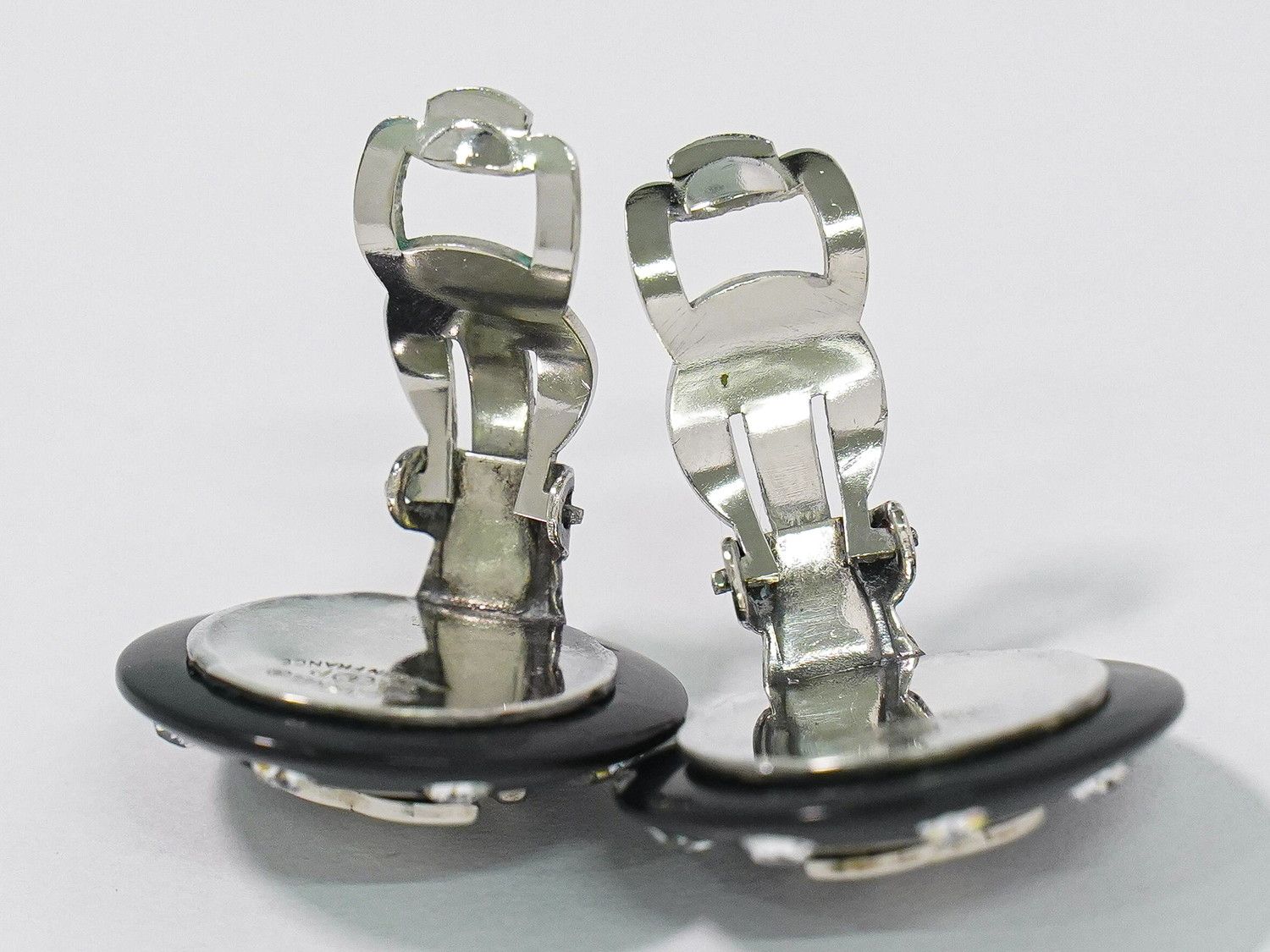 Chanel CC Logo Rhinestone Earrings Plastic Metal Silver Black — view 3