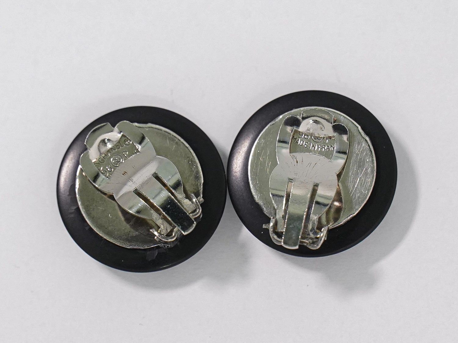 Chanel CC Logo Rhinestone Earrings Plastic Metal Silver Black — view 2