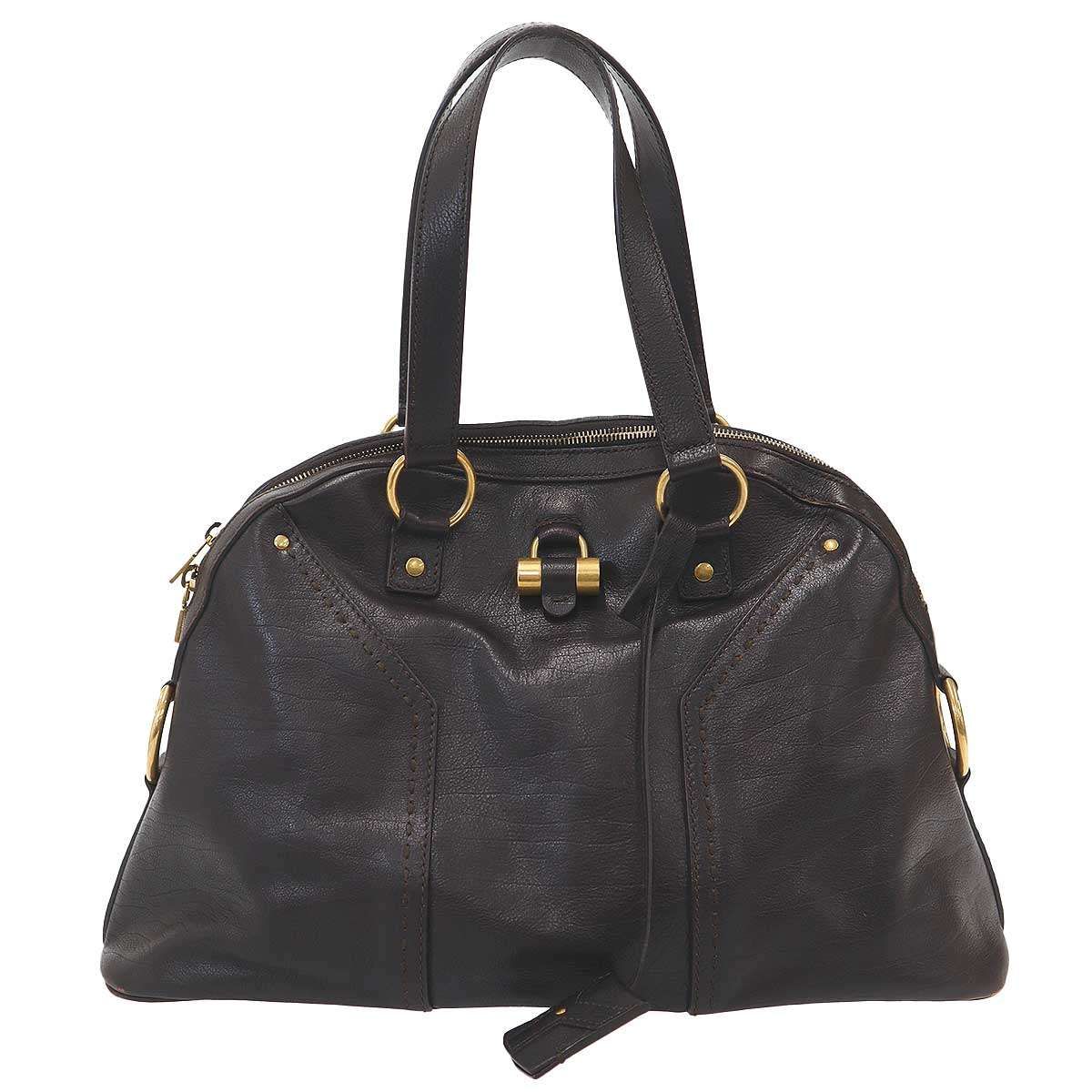 Saint Laurent Yves Midi Leather Handbag Brown