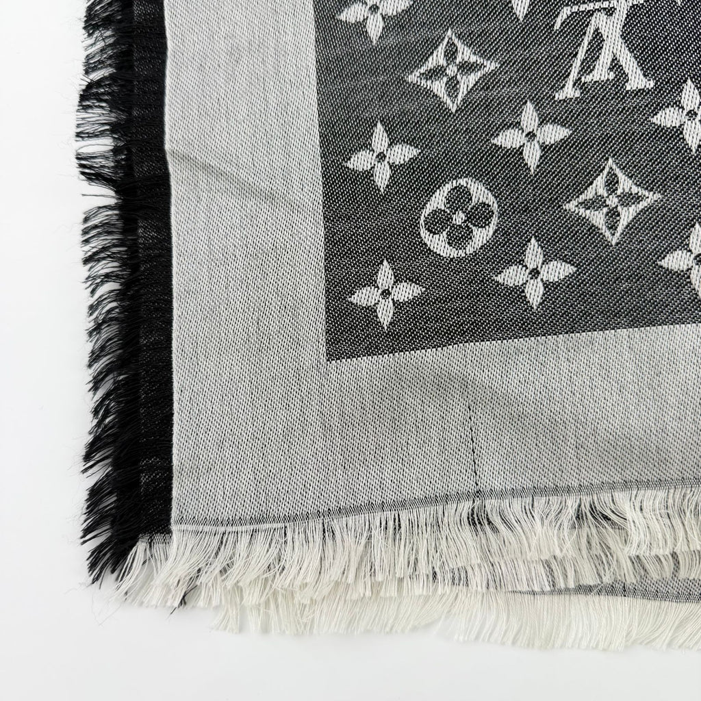 Louis Vuitton Monogram Shaw Silk Black Gray Vintage Scarf — view 7